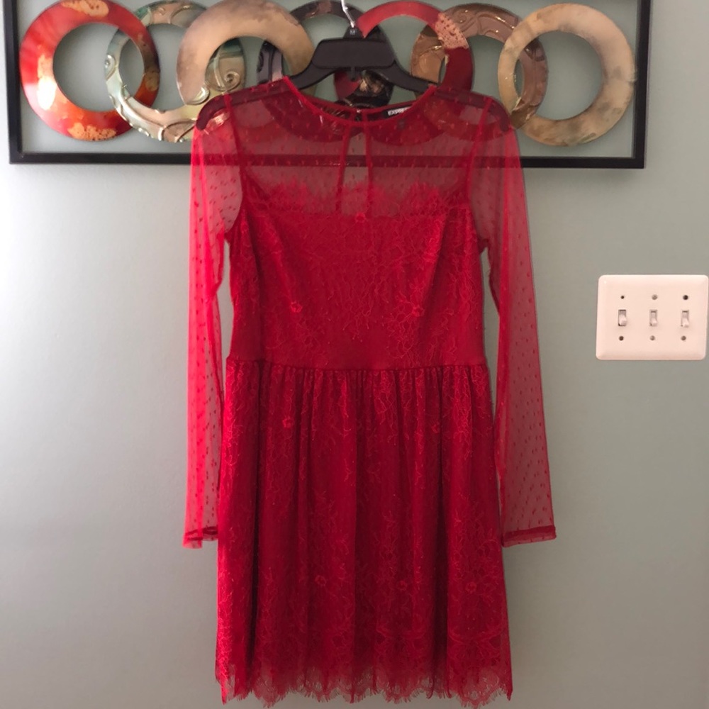 Express Lace Red Mesh Top Flowy Dress